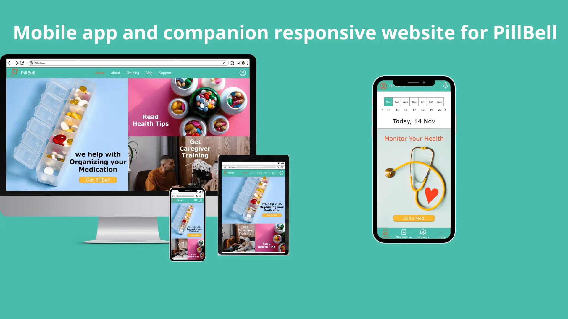 mobile app and companion responsive website mockup for Pill Bell