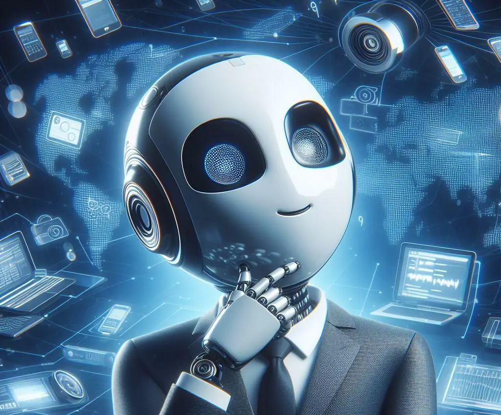 robot wearing business suit contemplating