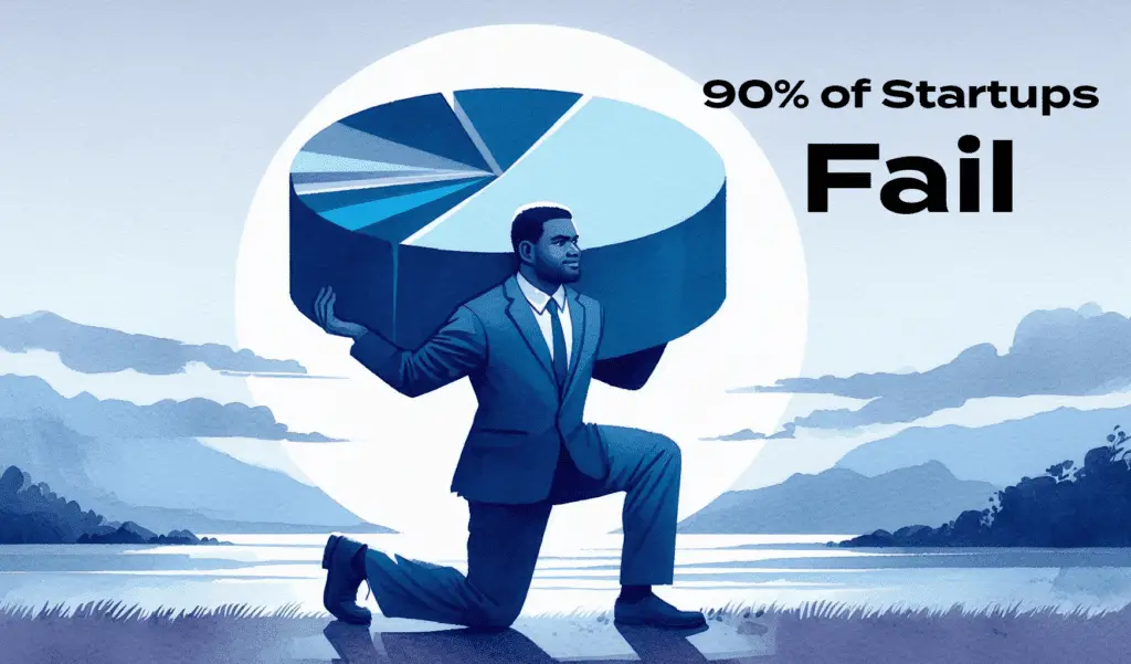 A simple, full painting of a Fijian man wearing a suit while kneeling on one knee and using both arms to hold a huge, circular pie chart on his shoulders in a soft watercolor style. The man is viewed from the side in front of a landscape under an empty, clear, twilight sky using blue colors on a full, pale violet and blue color background.